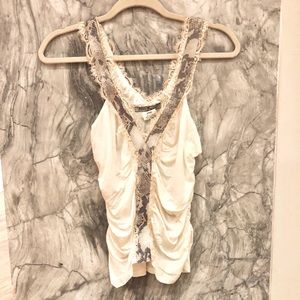 Cream ruched top w/ leather snake skin & lace